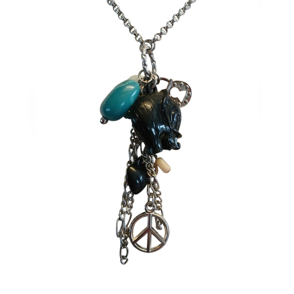 Boho-style multi-charm necklace, a peace sign, lock, elephant, heart charms 15" - Picture 2 of 3